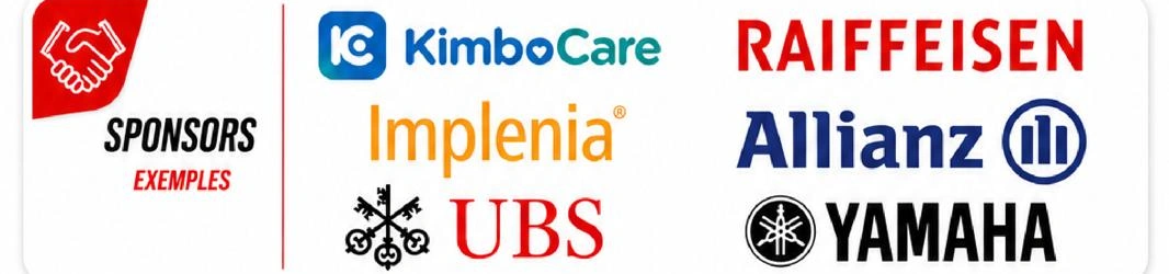 Exemples de sponsors floqués : KimboCare, Implenia, UBS, Raiffeisen, Allianz, Yamaha