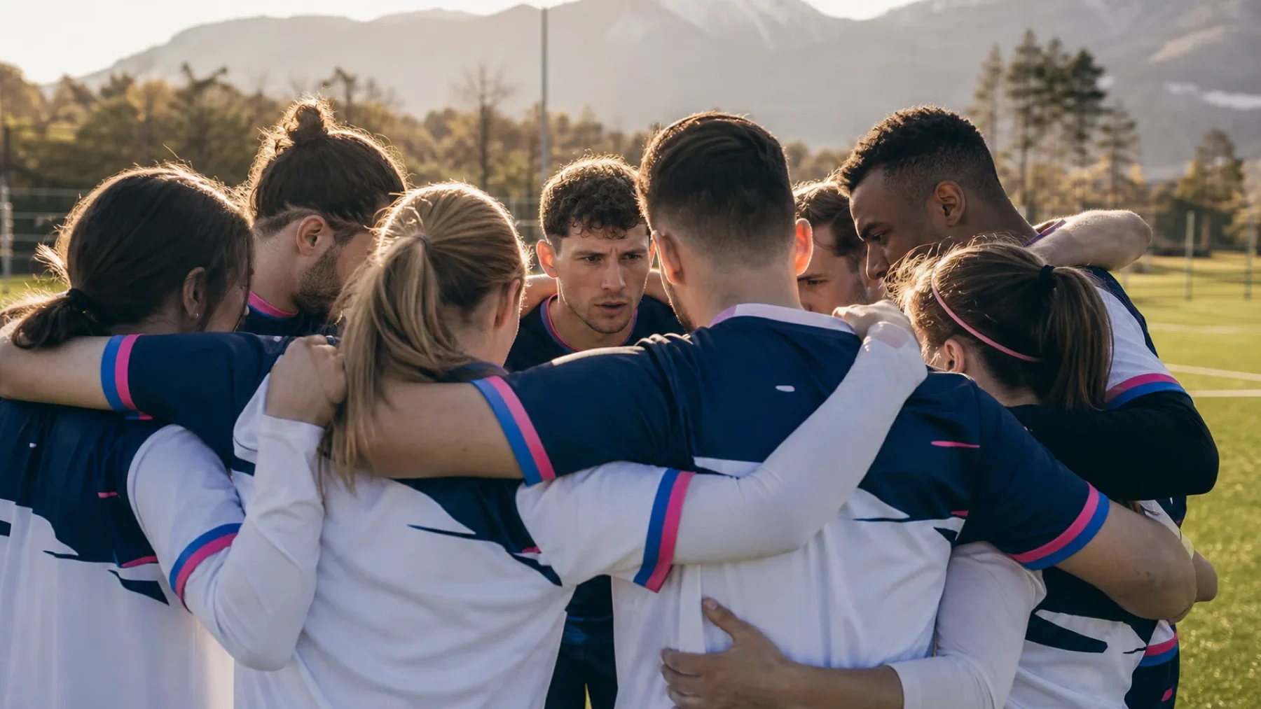 Équipe de sport amateur rassemblée sur le terrain avant le coup d’envoi.