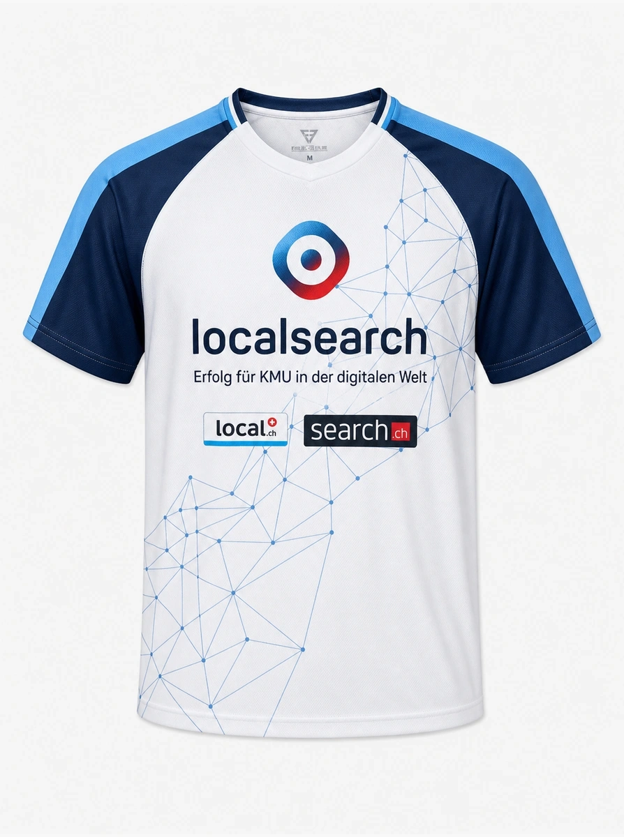 Maillot blanc et bleu floqué localsearch avec motif de réseau, vu de face