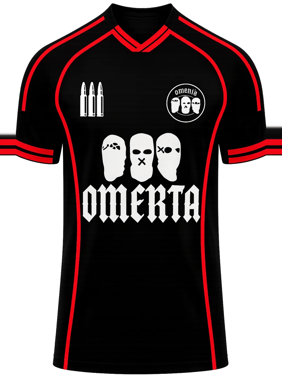 Maillot noir et rouge floqué Omerta, vue de face