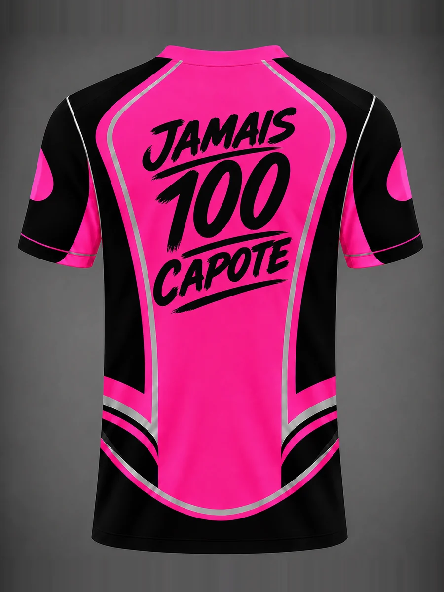 Dos d’un maillot rose et noir floqué « Jamais 100 capote »